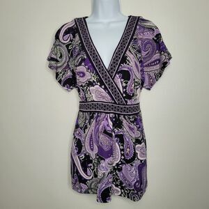 Vintage apt 9 y2k black purple paisley print wrap tie back babydoll top size xl